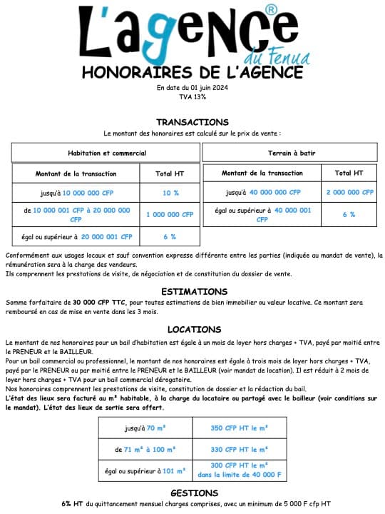 Barème des honoraires de L'Agence du Fenua (juin 2024)
